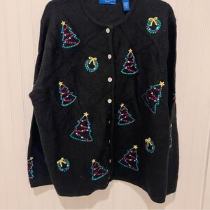 Karen Scott Black and Red Cardigan with Festive Tree Design